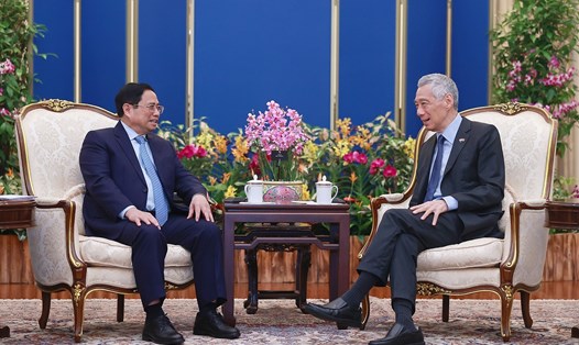 Thủ tướng Singapore Lý Hiển Long tiếp Thủ tướng Phạm Minh Chính.  Ảnh: TTXVN