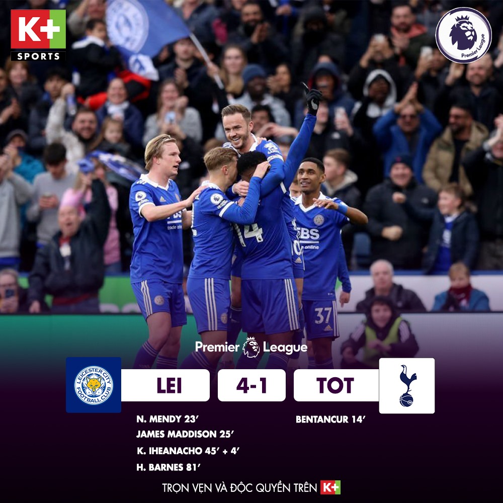 Leicester thắng ngược Tottenham trên sân nhà. Ảnh: Truyền hình K+