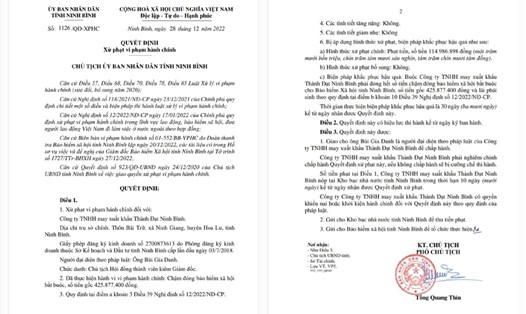 UBND tỉnh Ninh Bình ban hành quyết định xử phạt vi phạm hành chính do chậm đóng BHXH bắt buộc đối với Công ty TNHH may xuất khẩu Thành Đạt Ninh Bình. Ảnh: Diệu Anh
