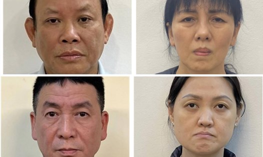 Cựu Chủ tịch Nhà xuất bản Giáo dục Việt Nam Nguyễn Đức Thái (trên cùng, bên trái) và 3 bị can vừa bị khởi tố, bắt tạm giam. Ảnh: Bộ Công an
