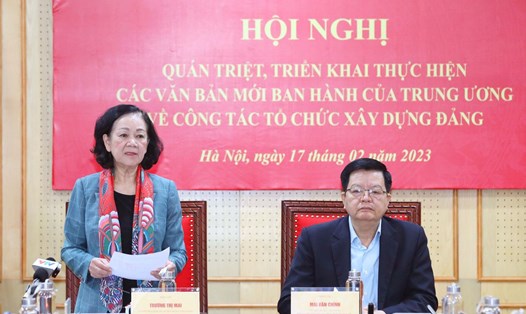 Bà Trương Thị Mai - Uỷ viên Bộ Chính trị, Bí thư Trung ương Đảng, Trưởng Ban Tổ chức Trung ương phát biểu tại hội nghị. Ảnh: Phương Hoa