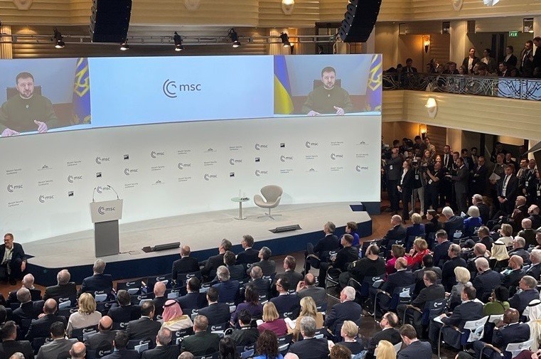Tổng thống Ukraina Volodymyr Zelensky phát biểu trong ngày khai mạc
Hội nghị An ninh Munich (MSC). Ảnh: Twitter Hội nghị An ninh Munich