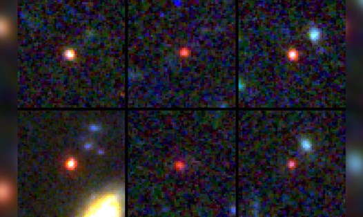 Kính viễn vọng James Webb chụp được hình ảnh của 6 thiên hà khổng lồ. Một trong số đó (phía dưới bên trái) có thể chứa nhiều sao như Dải Ngân hà của chúng ta, nhưng nhỏ gọn hơn 30 lần. Ảnh: NASA