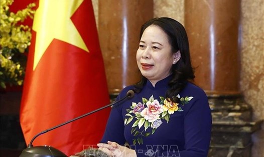 Quyền Chủ tịch nước Võ Thị Ánh Xuân phát biểu tại buổi tiếp. Ảnh: Thống Nhất/TTXVN