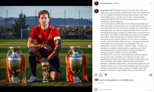 Sergio Ramos thông báo chia tay đội tuyển Tây Ban Nha trên trang cá nhân. Ảnh chụp từ Instagram