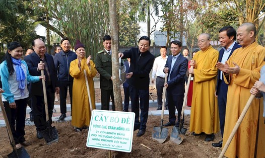 Phó Thủ tướng Trần Hồng Hà và lãnh đạo các bộ, ban, ngành, thành phố Hà Nội trồng cây tại đền Hai Bà Trưng. Ảnh: TTXVN
