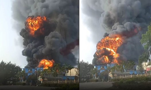 Cháy lớn tại công ty cháo dinh dưỡng tại Hải Dương. Ảnh cắt từ clip