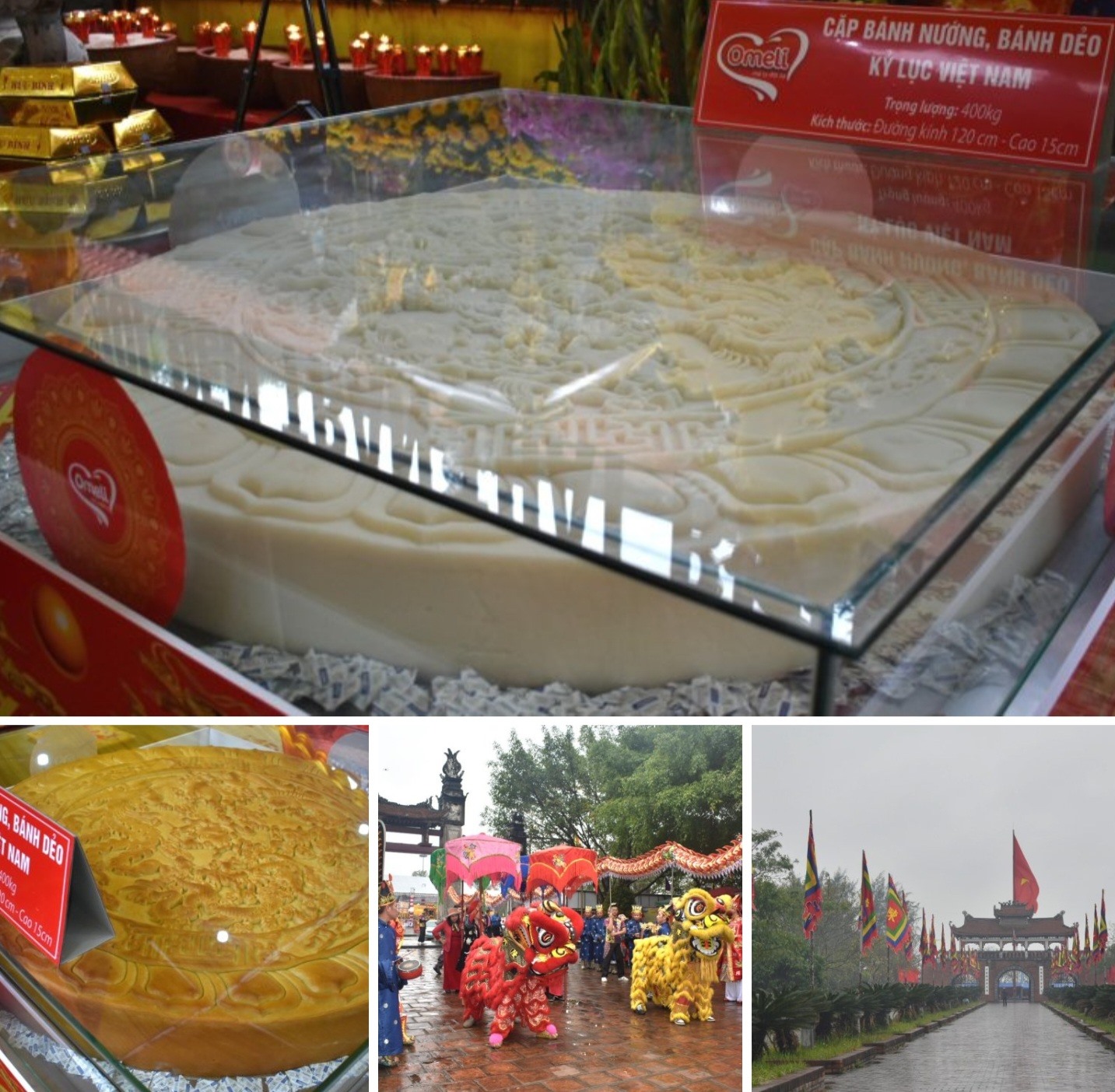 Cặp bánh nướng, bánh dẻo nặng 400kg được công nhận kỷ lục Việt Nam được bày biện trang trọng, dâng viếng tại Đền Trần Thái Bình. Ảnh: Trung Du