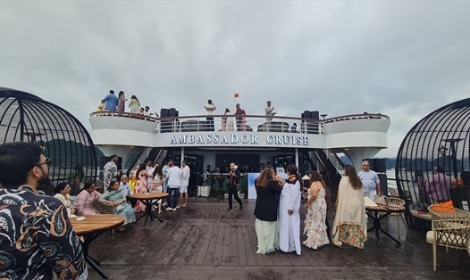 412 khách thuộc giới nhà giàu Ấn Độ tham quan vịnh Hạ Long trước ngày diễn ra siêu đám cưới được tổ chức tại một khu nghỉ dưỡng ở Hạ Long. Ảnh: Nguyễn Hùng