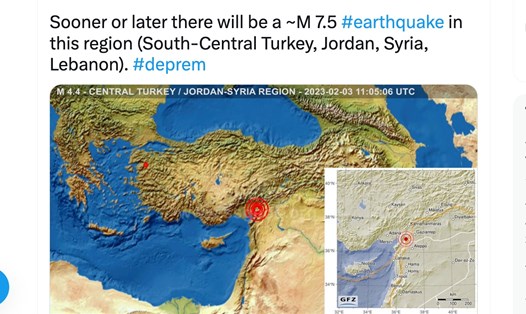 Dự báo của nhà nghiên cứu Frank Frank Hoogerbeets ngày 3.2 về động đất ở Thổ Nhĩ Kỳ, Syria. Ảnh chụp màn hình Twitter @hogrbe