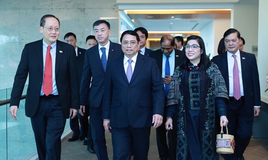 Đại diện Chính phủ Singapore và cán bộ Đại sứ quán Việt Nam đón Thủ tướng và Phu nhân tại sân bay Changi. Ảnh: TTXVN