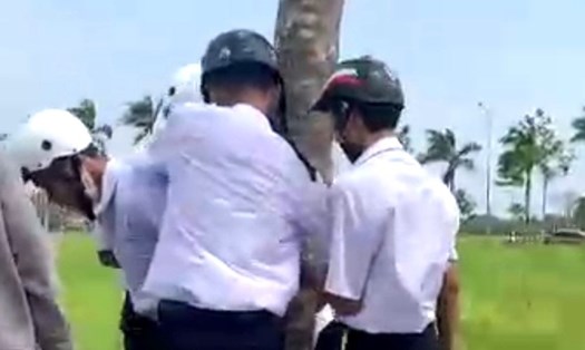 Hai nữ sinh tại Sóc Trăng đánh nhau trong vườn dừa, bạn bè đứng xem quay clip tung lên mạng xã hội. Ảnh: cắt từ Clip