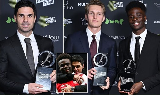 Các thành viên của Arsenal tại lễ trao giải London Football Awards.  Ảnh: Chụp màn hình