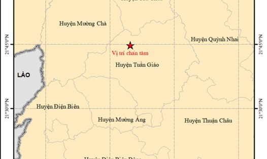 Tâm chấn trận động đất mạnh 3 độ richter tại huyện Tuần Giáo, tỉnh Điện Biên. Ảnh: Viện vật lý địa cầu