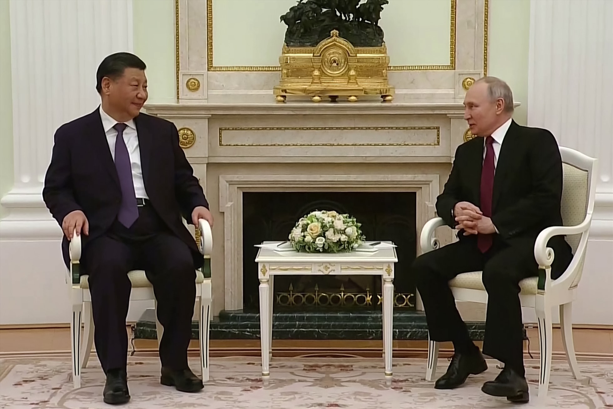 Chủ tịch Trung Quốc Tập Cận Bình và Tổng thống Nga Vladimir Putin trong ngày 20.3 tại Mátxcơva. Ảnh: AFP