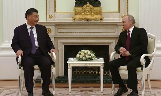 Chủ tịch Trung Quốc Tập Cận Bình và Tổng thống Nga Vladimir Putin trong ngày 20.3 tại Mátxcơva. Ảnh: AFP