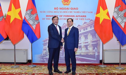 Bộ trưởng Ngoại giao Bùi Thanh Sơn và Phó Thủ tướng, Bộ trưởng Ngoại giao và Hợp tác quốc tế Campuchia Prak Sokhonn. Ảnh: Bộ Ngoại giao