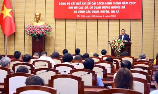 Chủ tịch UBND TP Hà Nội Trần Sỹ Thanh phát biểu tại hội nghị công bố kết quả chỉ số cải cách hành chính năm 2022. Ảnh: Phú Khánh
