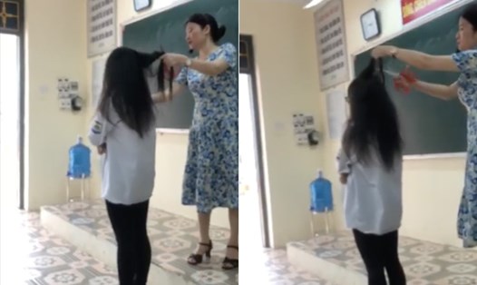Ảnh cắt ra từ clip cho thấy cô giáo cắt đi phần tóc đen của học sinh.