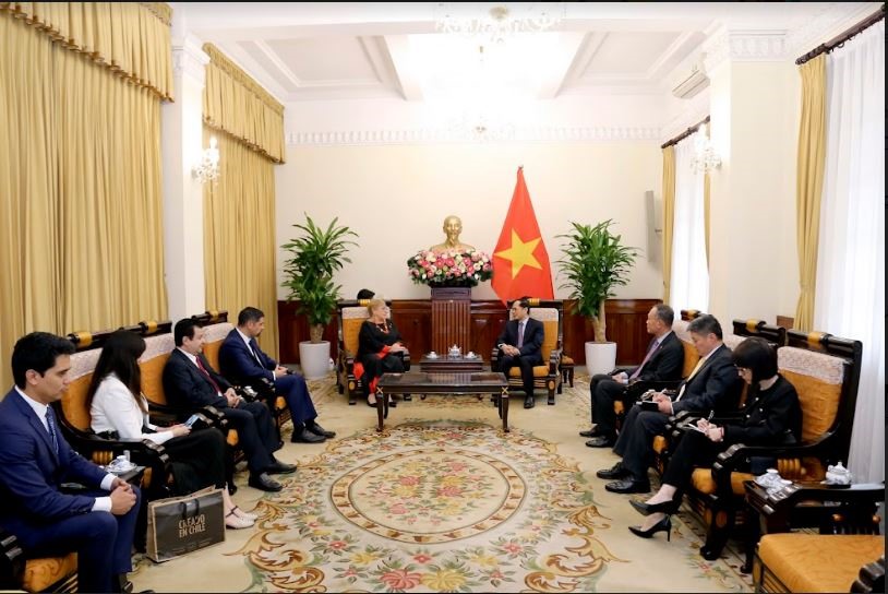 Quang cảnh cuộc Bộ trưởng Ngoại giao Bùi Thanh Sơn tiếp cựu Tổng thống Chile Michelle Bachelet Jeria. Ảnh: Thanh Hà