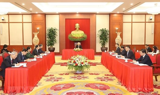 Tổng Bí thư Nguyễn Phú Trọng điện đàm cấp cao với Tổng thống Mỹ Joe Biden tối 29.3. Ảnh: TTXVN