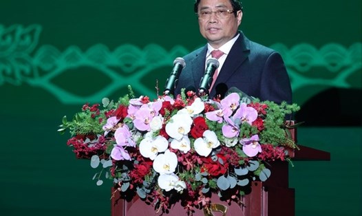 Thủ tướng Phạm Minh Chính phát biểu lại lễ kỉ niệm 60 năm thành lập của Vietcombank. Ảnh: VGP
