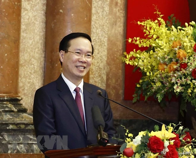 Chủ tịch nước Võ Văn Thưởng gặp gỡ cán bộ Văn phòng Chủ tịch nước ngày 2.3. Ảnh: TTXVN