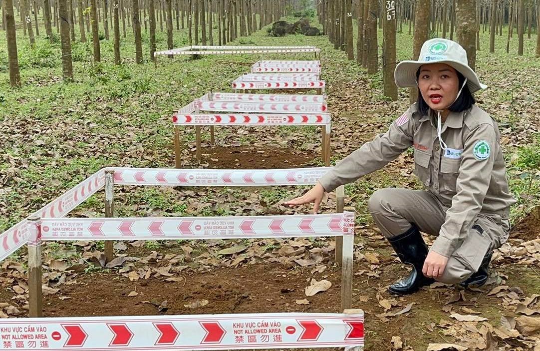 Chị Nguyễn Thị Diệu Linh tại hiện trường tìm kiếm bom mìn ở xã Hải Thái, huyện Gio Linh, tỉnh Quảng Trị. Ảnh: Hàn Nguyên.