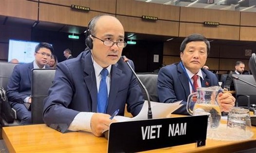 Đại sứ Nguyễn Trung Kiên - Thống đốc - Đại diện Thường trực của Việt Nam tại Cơ quan Năng lượng nguyên tử quốc tế (IAEA) trong phiên họp. Ảnh: TTXVN