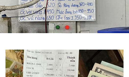 Hình ảnh giá Hải sản niêm yết và hoá đơn tính tiền của 3 du khách khác nhau. Ảnh chụp màn hình