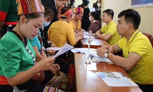 Cán bộ Trung tâm Dịch vụ việc làm tỉnh Nghệ An tư vấn cho người lao động tìm việc. Ảnh: Hải Đăng