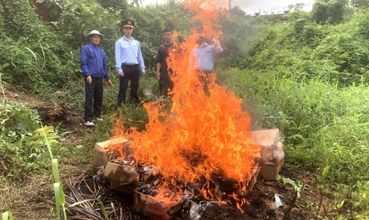 Lực lượng QLTT Quảng Ninh giám sát tiêu hủy gần 1 tấn thực phẩm không rõ nguồn gốc. Ảnh: Cục QLTT Quảng Ninh