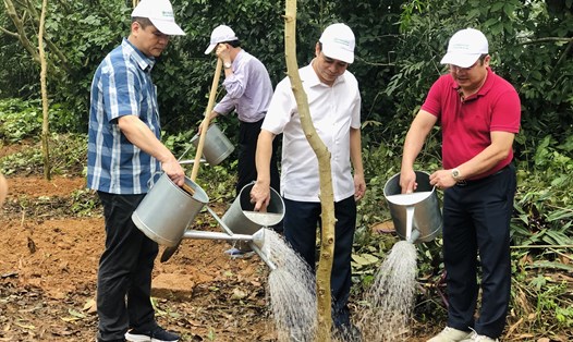 Phó Chủ tịch UBND tỉnh Nguyễn Thanh Hải cùng lãnh đạo Tập đoàn Hoá chất Việt Nam tham gia trồng cây tại Đền Hùng. Ảnh: Đức Mạnh