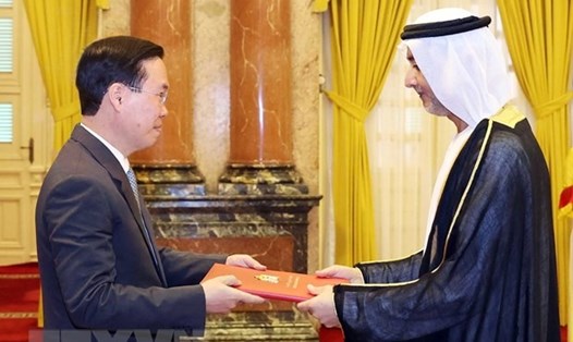 Chủ tịch nước Võ Văn Thưởng tiếp nhận Quốc thư của Đại sứ Các Tiểu vương quốc Arab Thống nhất Bader Almatrooshi. Ảnh: TTXVN