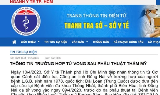 Sở Y tế TP Hồ Chí Minh thông tin ca tử vong sau phẫu thuật thẩm mỹ. Ảnh chụp màn hình