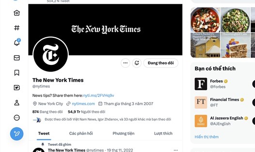 New York Times đã mất dấu tích xanh trên tài khoản Twitter. Ảnh chụp màn hình