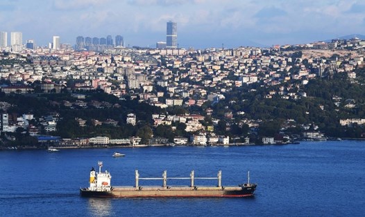 Một con tàu trong đoàn tàu vận chuyển ngũ cốc thứ hai từ Ukraina đi qua eo biển Bosphorus ở Istanbul, Thổ Nhĩ Kỳ, ngày 7.8.2022. Ảnh: Xinhua