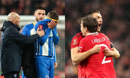 Cảm xúc trái ngược của các cầu thủ Brighton và Man United sau loạt sút luân lưu.  Ảnh: Sky Sports