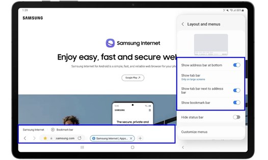 Bản cập nhật trình duyệt web mới nhất của Samsung đã không còn "bỏ quên" người dùng máy tính bảng. Ảnh: Samsung