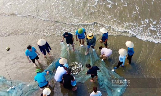 Du khách trải nghiệm làm ngư dân đánh lưới tại bãi biển Trà Cổ, TP Móng Cái. Ảnh: Đoàn Hưng