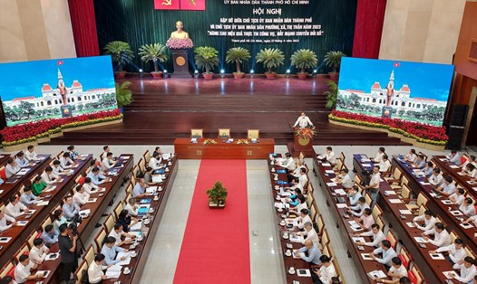 Toàn cảnh hội nghị Chủ tịch UBND TP Hồ Chí Minh gặp gỡ 312 Chủ tịch phường, xã, thị trấn. Ảnh: Minh Quân