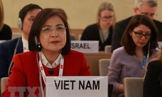 Đại sứ Lê Thị Tuyết Mai, Trưởng Phái đoàn đại diện thường trực Việt Nam bên cạnh Liên Hợp Quốc, Tổ chức Thương mại Thế giới và các tổ chức quốc tế khác tại Geneva (Thụy Sĩ) tham gia và phát biểu tại phiên họp. Ảnh: TTXVN