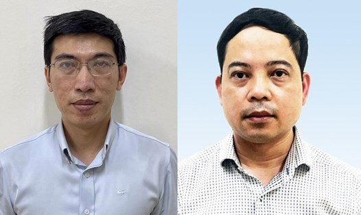 Hai bị can Nguyễn Quang Linh và Phạm Trung Kiên (từ trái qua) bị cáo buộc nhận hối lộ với số tiền lớn trong vụ chuyến bay giải cứu. Ảnh: Bộ Công an