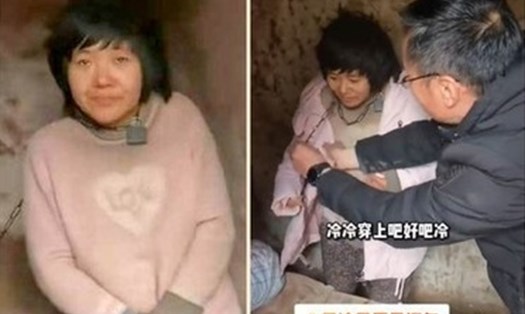 Giới chức tìm thấy bà Xiaohuamei đang bị xích và nhốt trong một căn lều ở tỉnh Giang Tô, Trung Quốc. Ảnh chụp màn hình Douyin