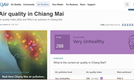 Chất lượng không khí ở Chiang Mai, Thái Lan ngày 7.4. Ảnh chụp màn hình IQAir
