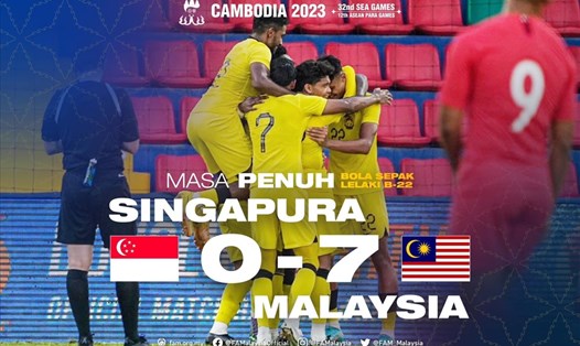 U22 Malaysia có chiến thắng đậm 7-0 trước U22 Singapore.  Ảnh: LĐBĐ Malaysia