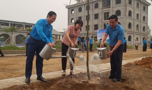 Ông Trần Kim Long (bên trái), Phó Chủ tịch LĐLĐ tỉnh Ninh Bình tham gia trồng cây hưởng ứng Chương trình trồng mới một tỉ cây xanh giai đoạn 2021 - 2025 do Thủ tướng phát động. Ảnh: Nguyễn Trường