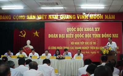 Đại diện cơ quan chức năng tỉnh Đồng Nai trả lời ý kiến của cử tri tại buổi tiếp xúc. Ảnh: Hà Anh Chiến