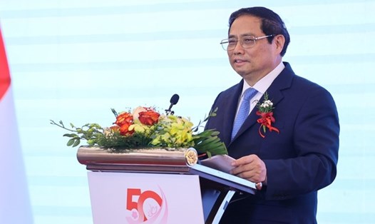 Thủ tướng Phạm Minh Chính phát biểu tại Hội thảo kinh tế cấp cao Việt Nam - Nhật Bản kỷ niệm 50 năm ngày thiết lập quan hệ ngoại giao Việt Nam - Nhật Bản, ngày 7.3.2023, tại Hà Nội. Ảnh: VGP
