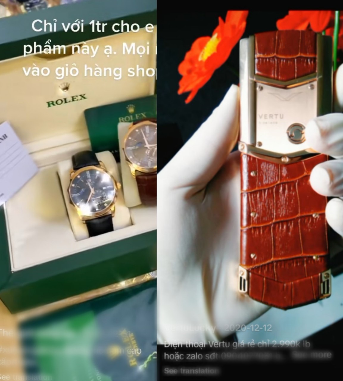 Đồng hồ dán nhãn Rolex và điện thoại dán nhán Vertu có giá 1-2 triệu đồng rao bán trên Tiktok Shop. Ảnh chụp màn hình